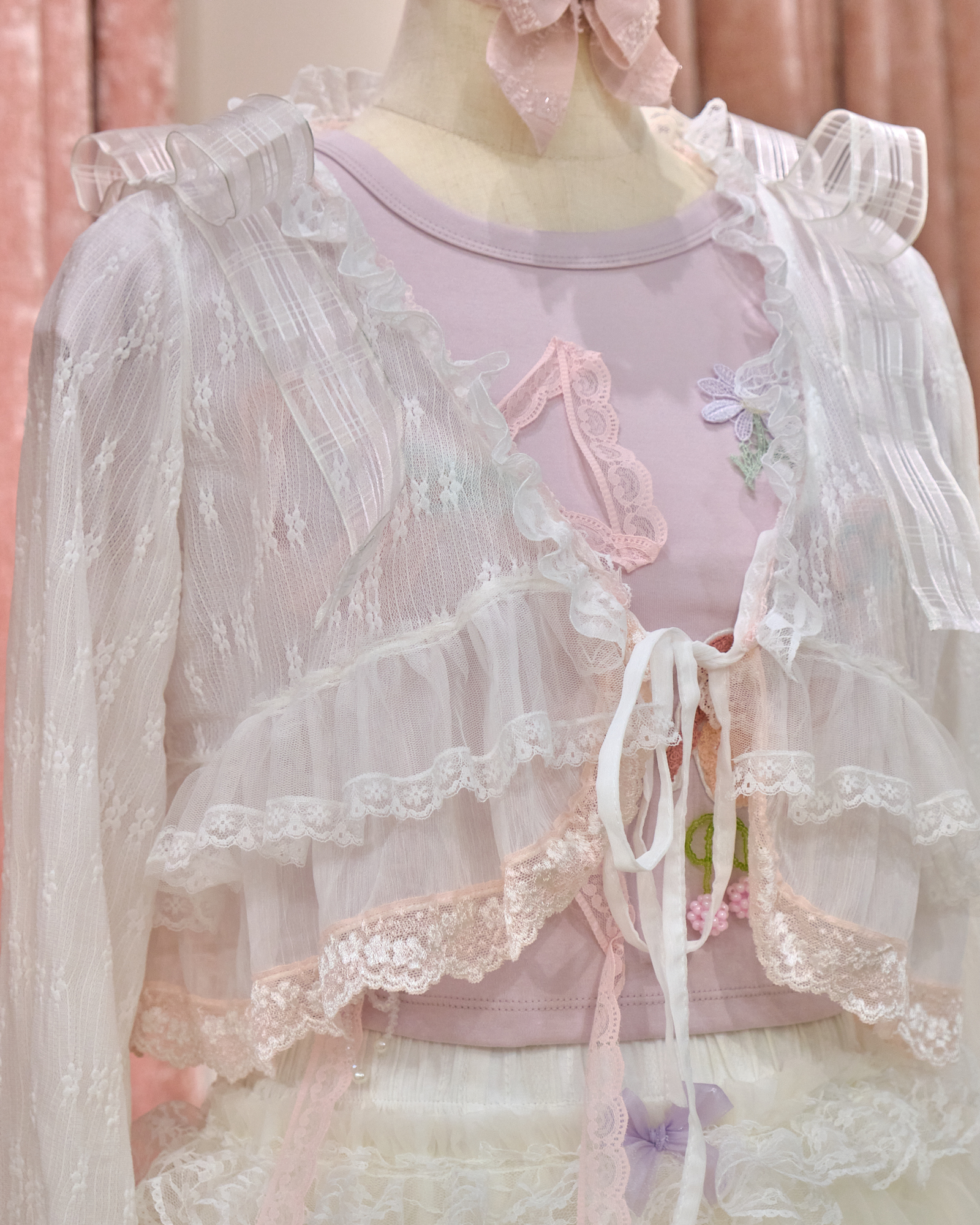 12858 Double Bow Shoulder Mid-Sleeve Lace Jacket