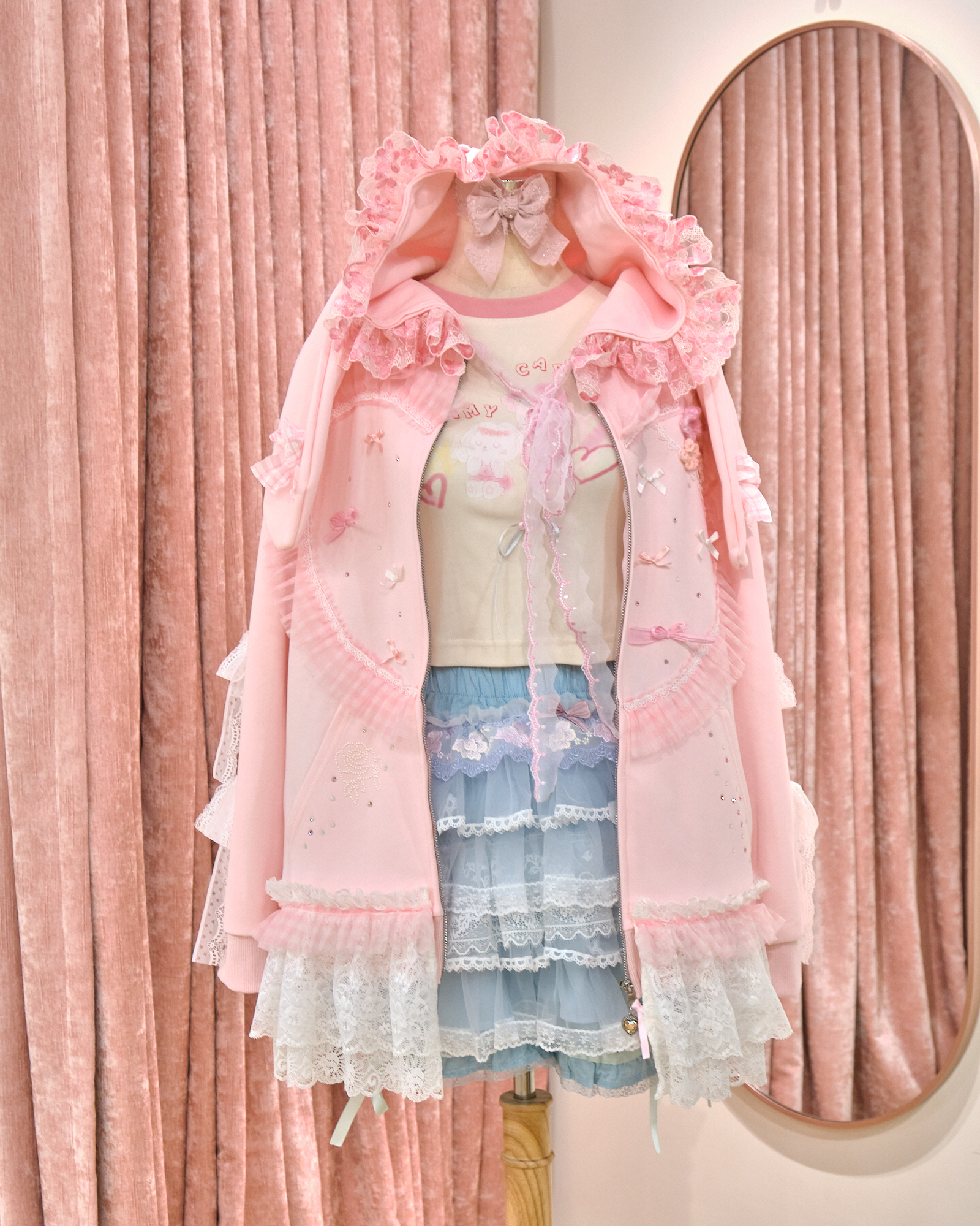 12854 Floral Lace Rhinestone Hooded Long Hoodie Jacket