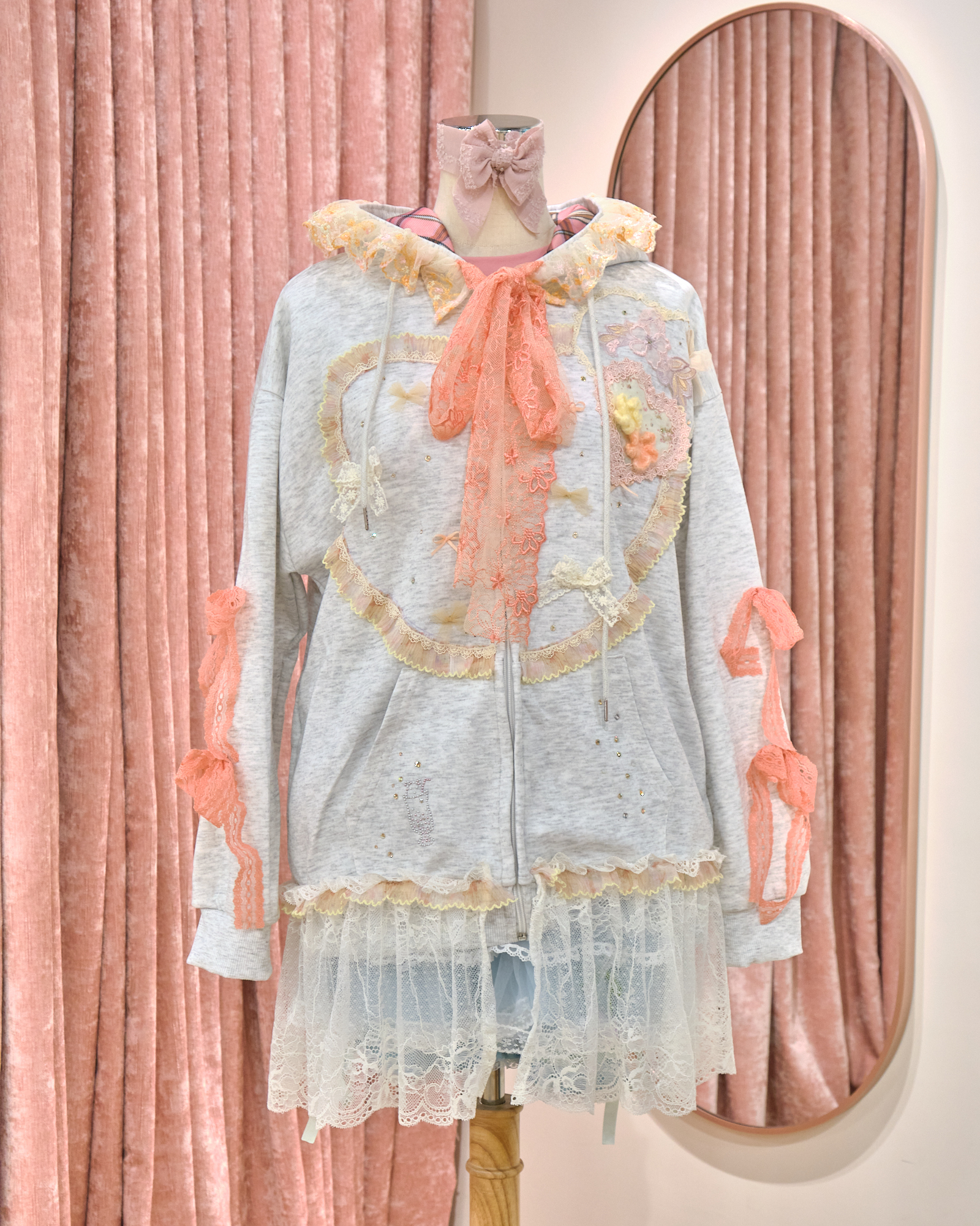 12853 Floral Lace Rhinestone Hooded Long Hoodie Jacket