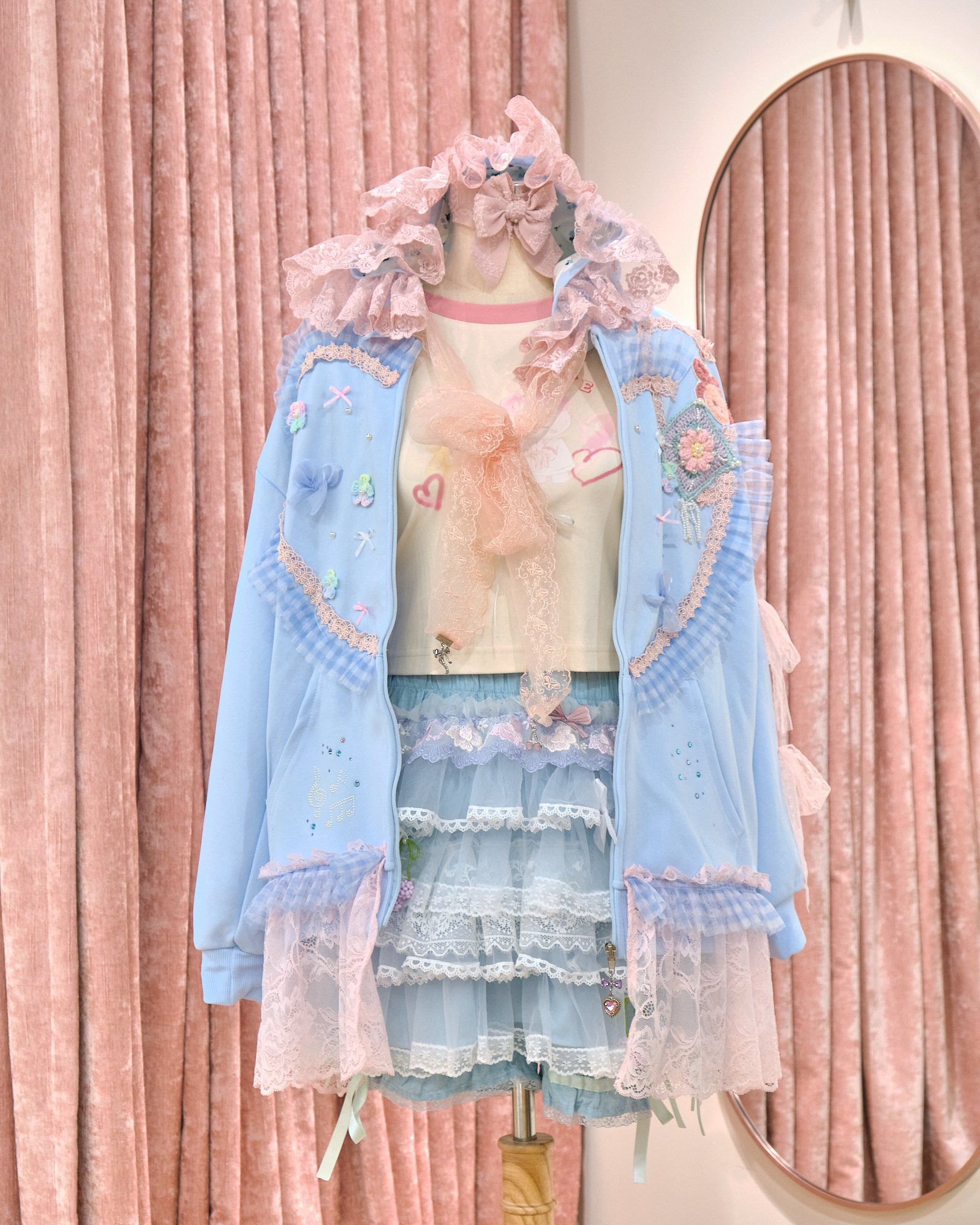 12852 Floral Lace Rhinestone Hooded Long Hoodie Jacket