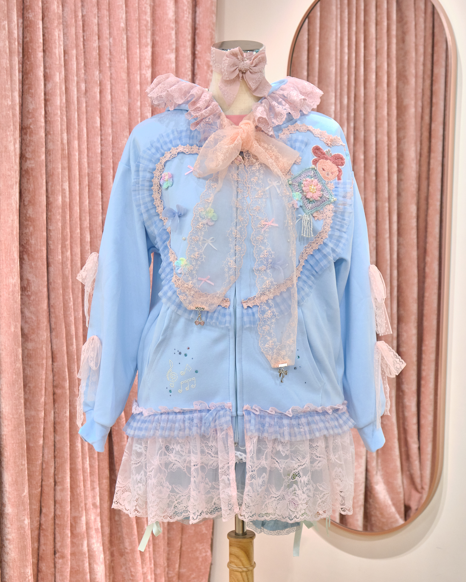 12852 Floral Lace Rhinestone Hooded Long Hoodie Jacket