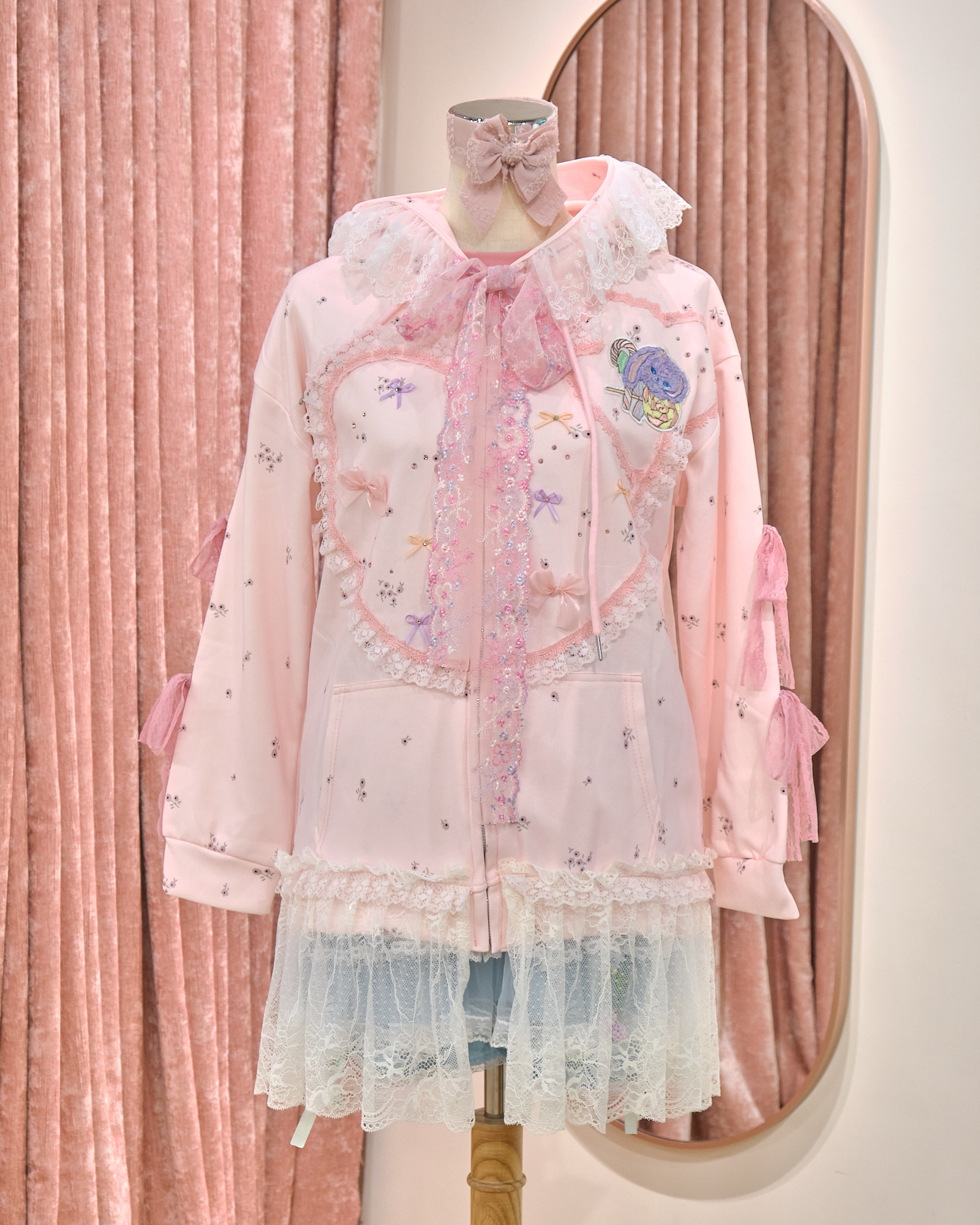 12851 Floral Lace Rhinestone Hooded Long Hoodie Jacket