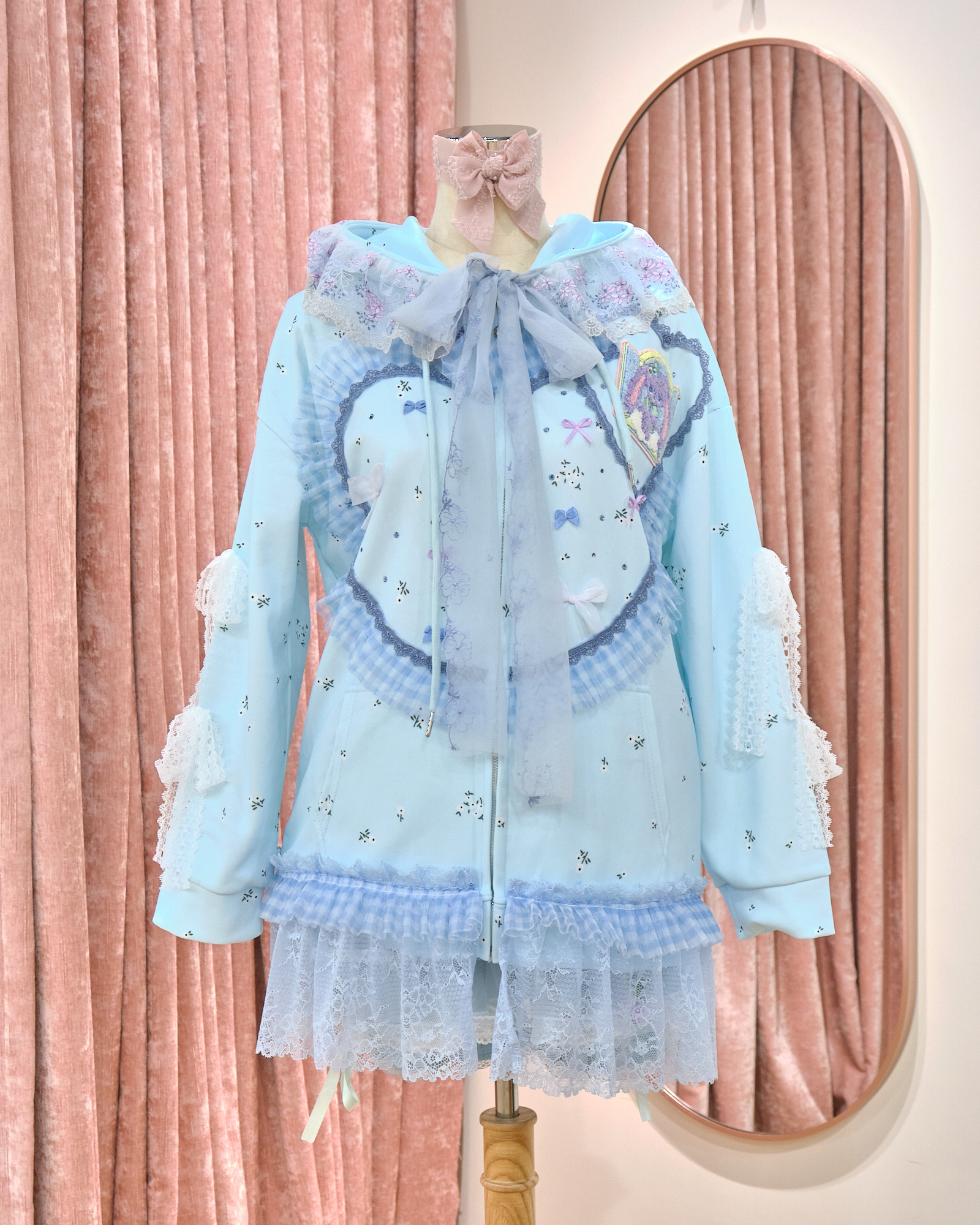 12850 Floral Lace Rhinestone Hooded Long Hoodie Jacket