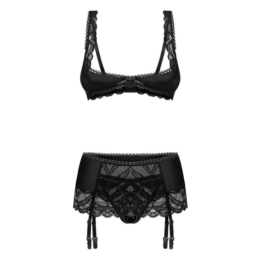 Obsessive - Lecille 葉紋露胸開襠3件內衣套裝 (S/M/L/XL)