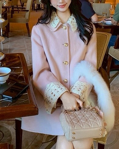 設計師家雙面毛呢拼接雕花布散擺大衣