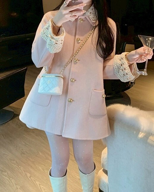 設計師家雙面毛呢拼接雕花布散擺大衣