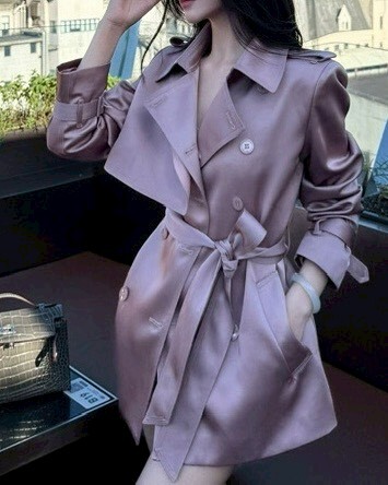 設計師家翻領緞面豆沙色風衣外套