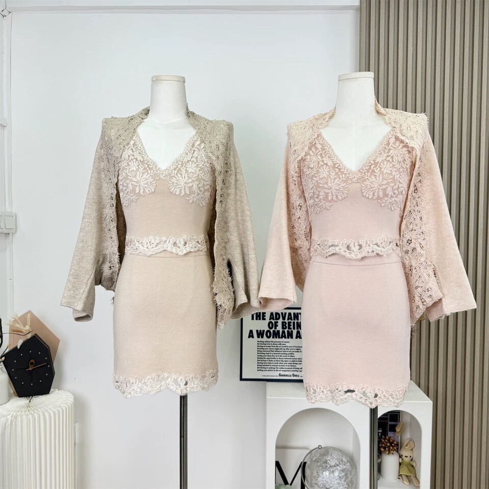 雕花蕾絲布拼接針織披肩+背心+包臀裙三件套