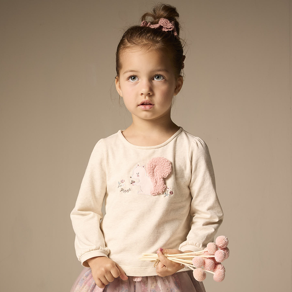 PIPPY 立體小松鼠尾巴圓領彈性棉長袖上衣 米