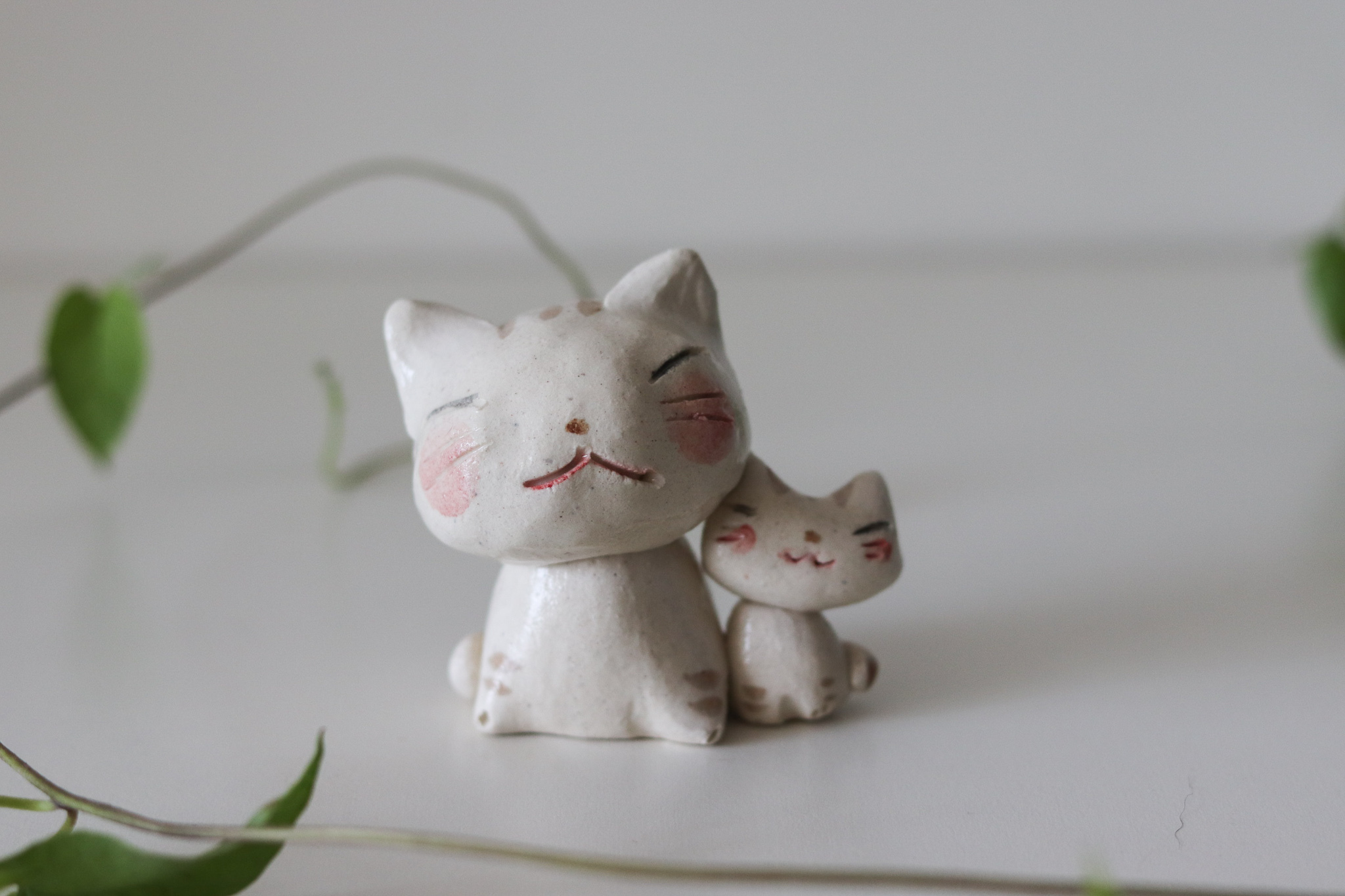 日本 舞陶館 手作 茶虎斑親子貓 陶瓷 擺飾