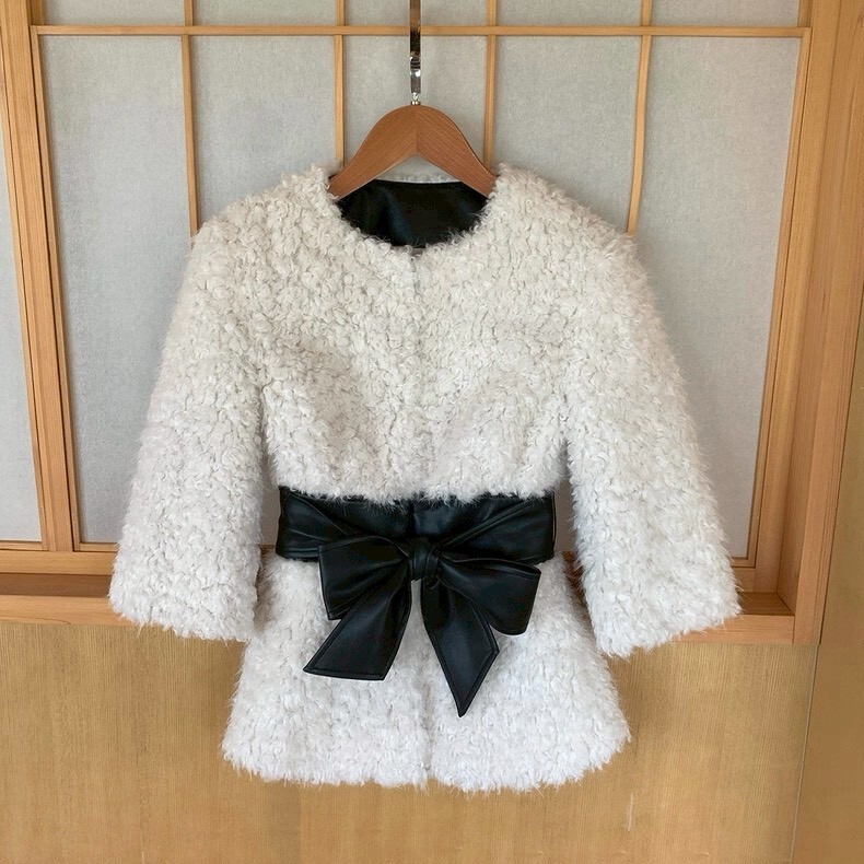 圓領仿羊捲毛拼寬pu皮腰帶七分袖外套