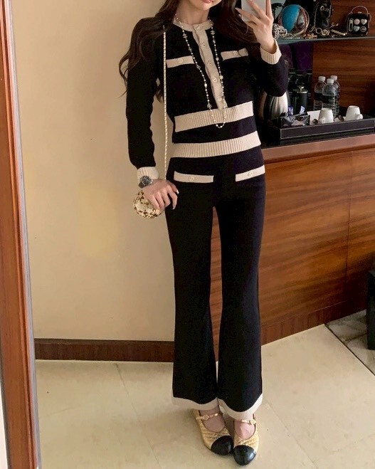 設計師家100%羊絨香奶奶針織上衣+微喇褲