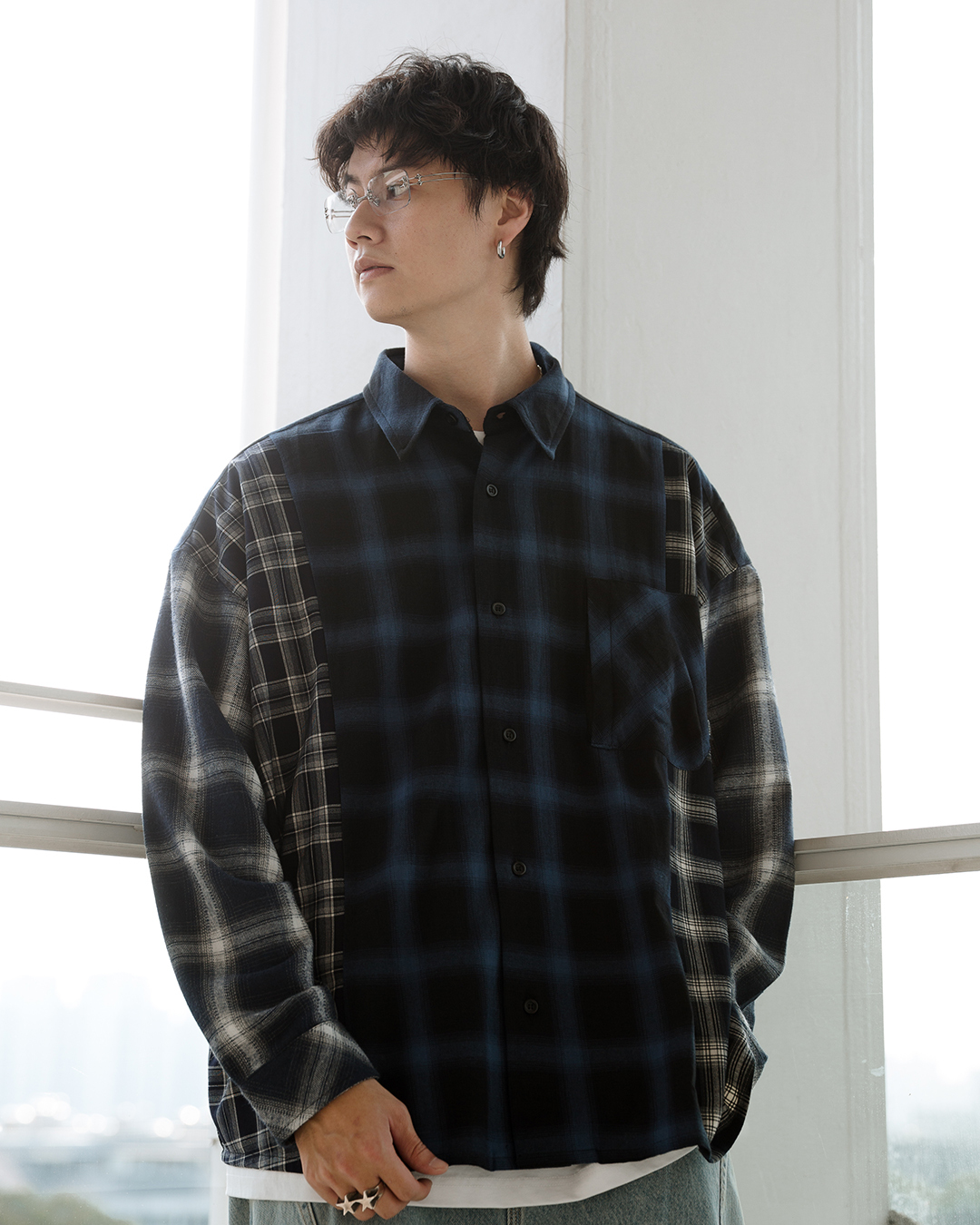 MANIA 不對稱格紋長袖襯衫 藍 25 A/W Patchwork PLaid LS Shirt