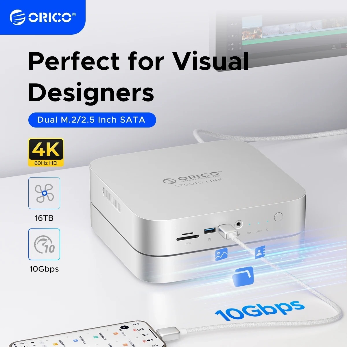Orico StudioLink 10-in-1 Docking Station with M.2 NVMe & NGFF & 2.5-inch Hard Drive Enclosure[MC25M]