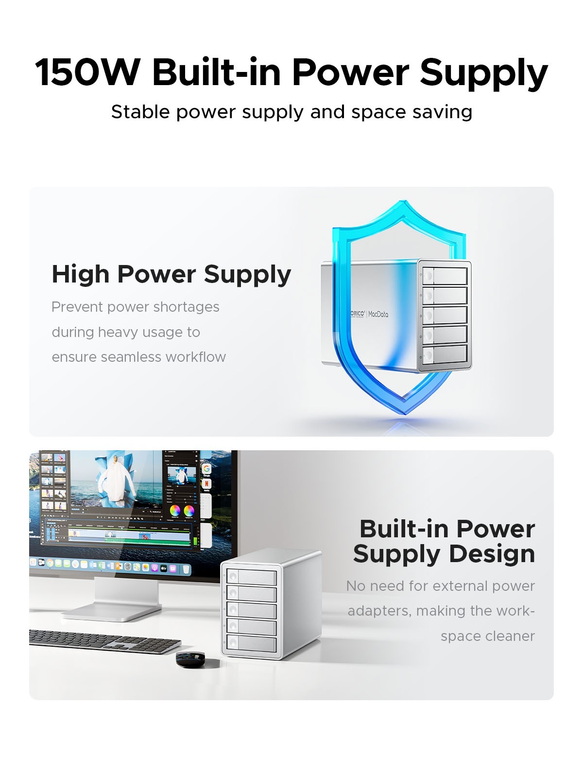 ORICO MacData 5 bay USB3.2 Gen2 Hard Drive Enclosure With 150W Power (Support 22TB HDD) [9958C3]