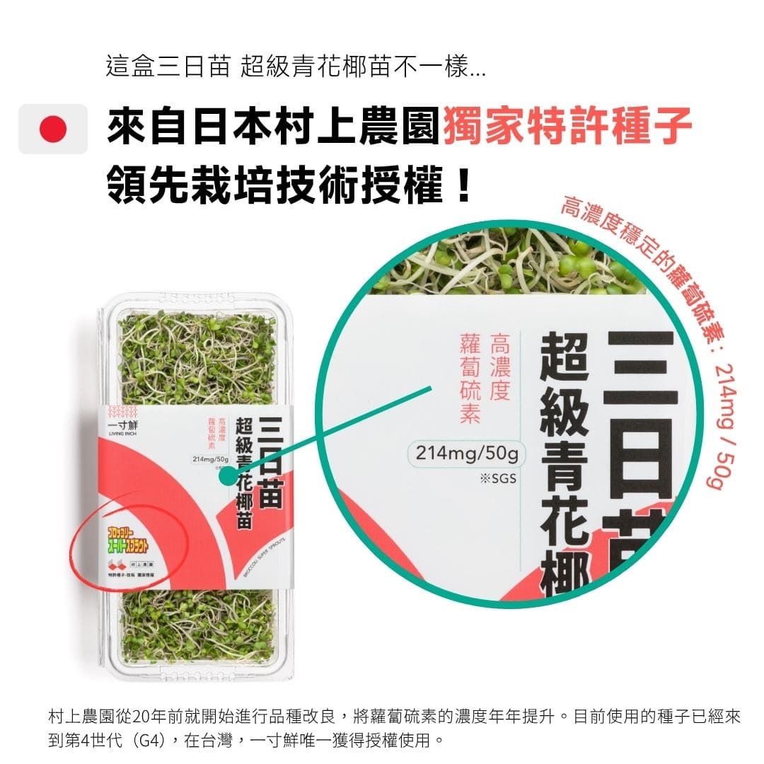 三日苗採用日本村上農園特許種子，因此蘿蔔硫素濃度穩定。非採用特殊種子的芽苗，無法保證濃度