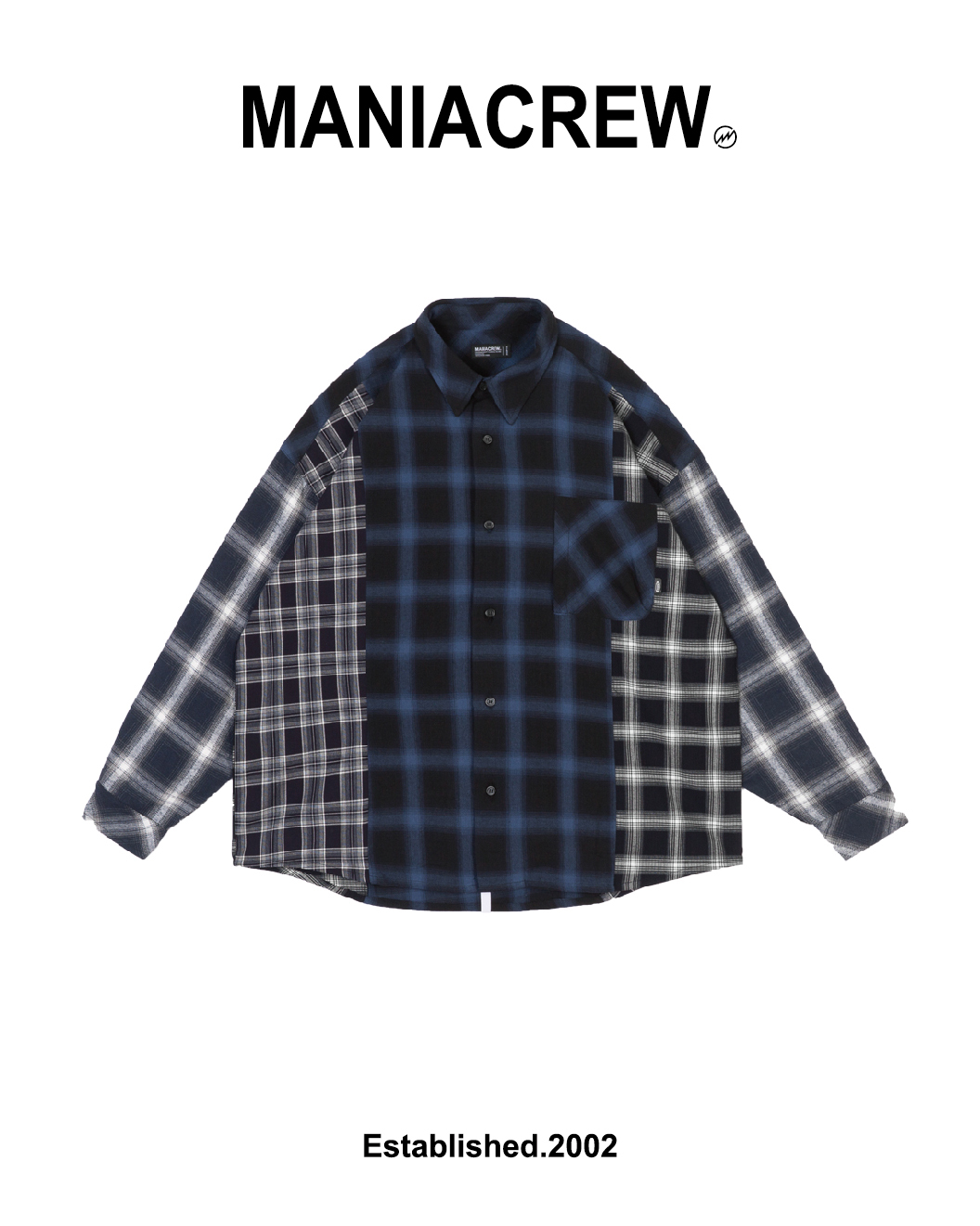 MANIA 不對稱格紋長袖襯衫 藍 25 A/W Patchwork PLaid LS Shirt