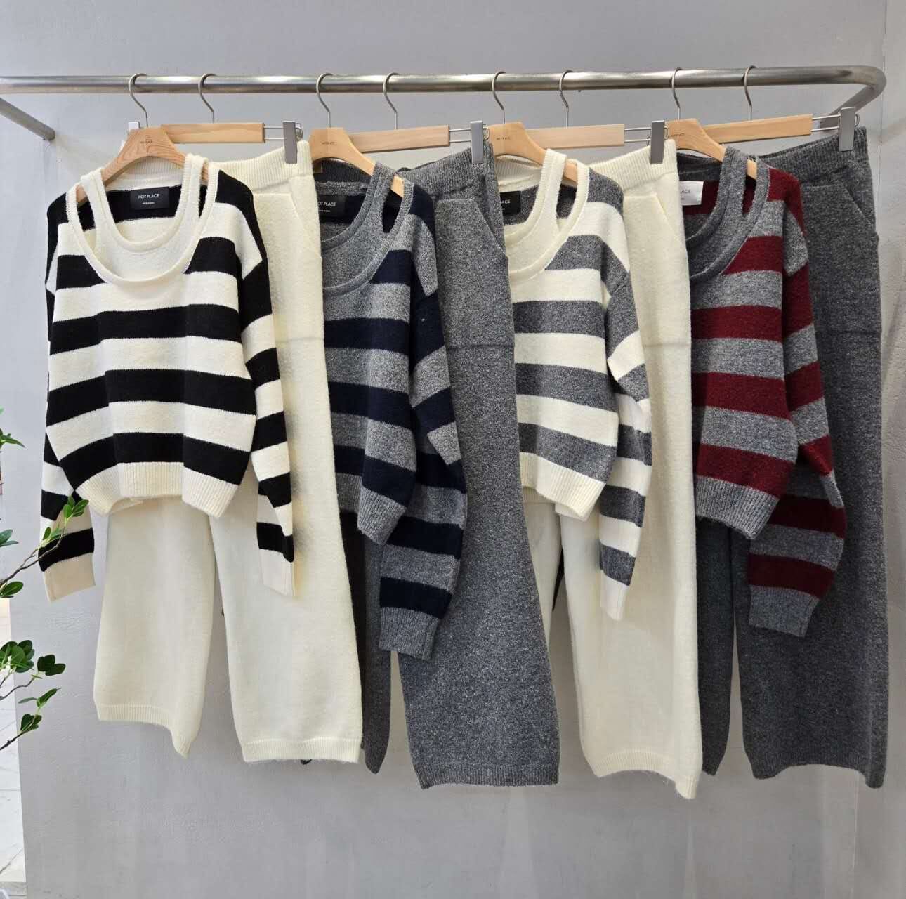 HP5113 條紋針織上衣+純色長褲兩件套裝