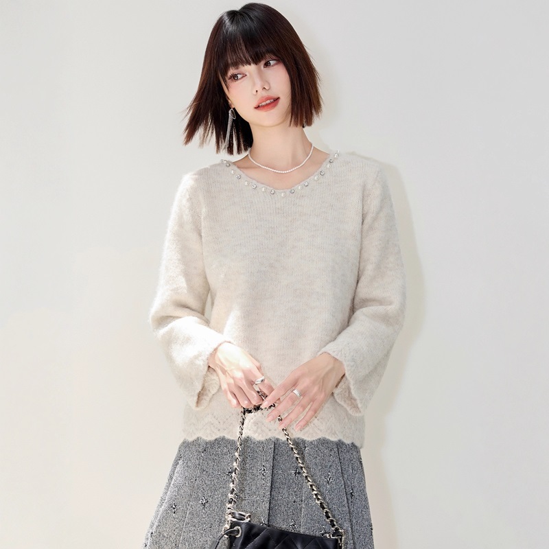 珠領花袖針織上衣 杏色