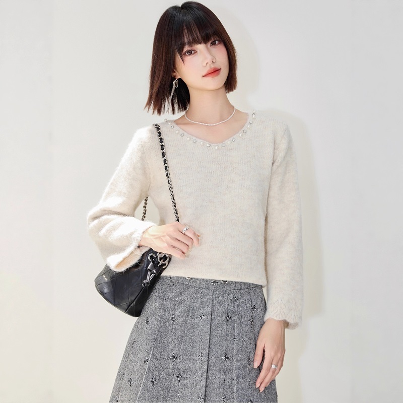 珠領花袖針織上衣 杏色