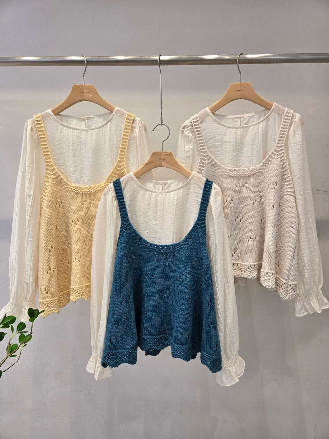 HP5118 甜美娃娃上衣+鉤花針織背心套裝