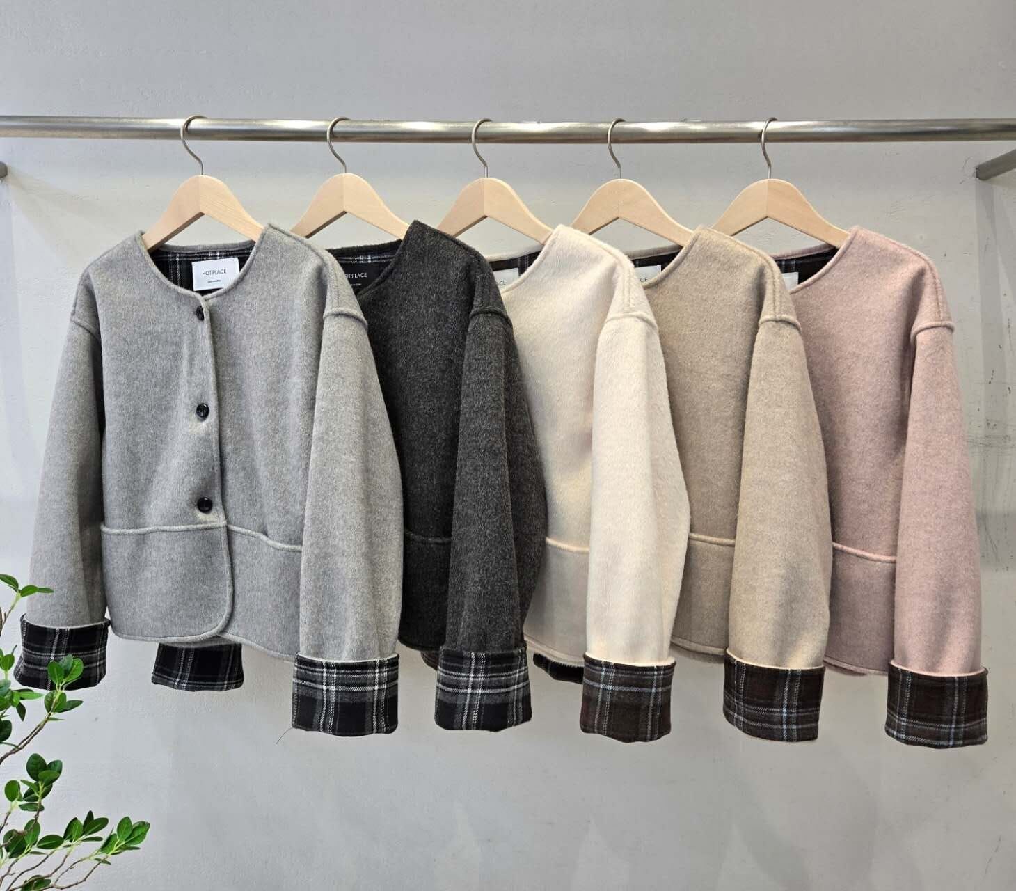 HP5119 格紋滾袖邊拼接羊毛外套