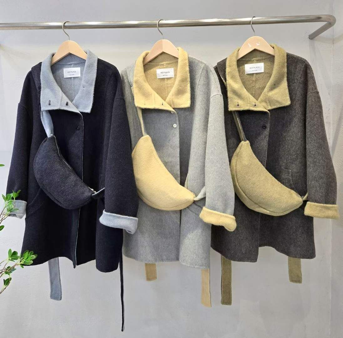 HP5121 反領拼色毛呢大衣+香蕉型斜孭袋