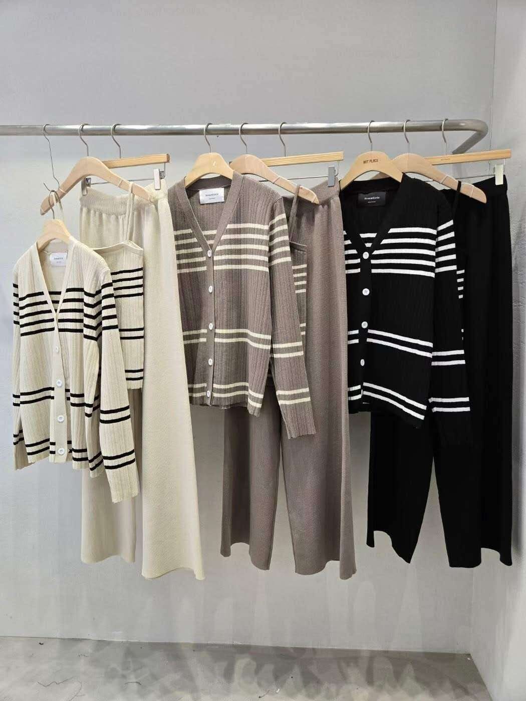 HP5124 氣質條紋V領針織開衫+寬褲3件套裝