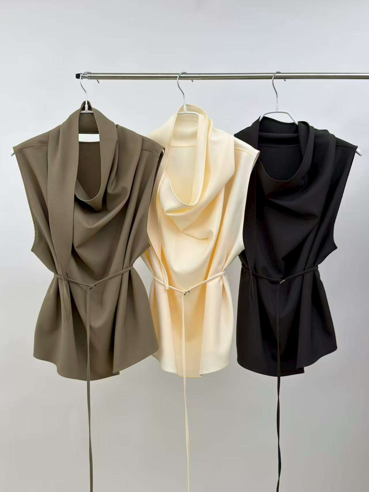 SA5123 細腰帶領巾緞面背心