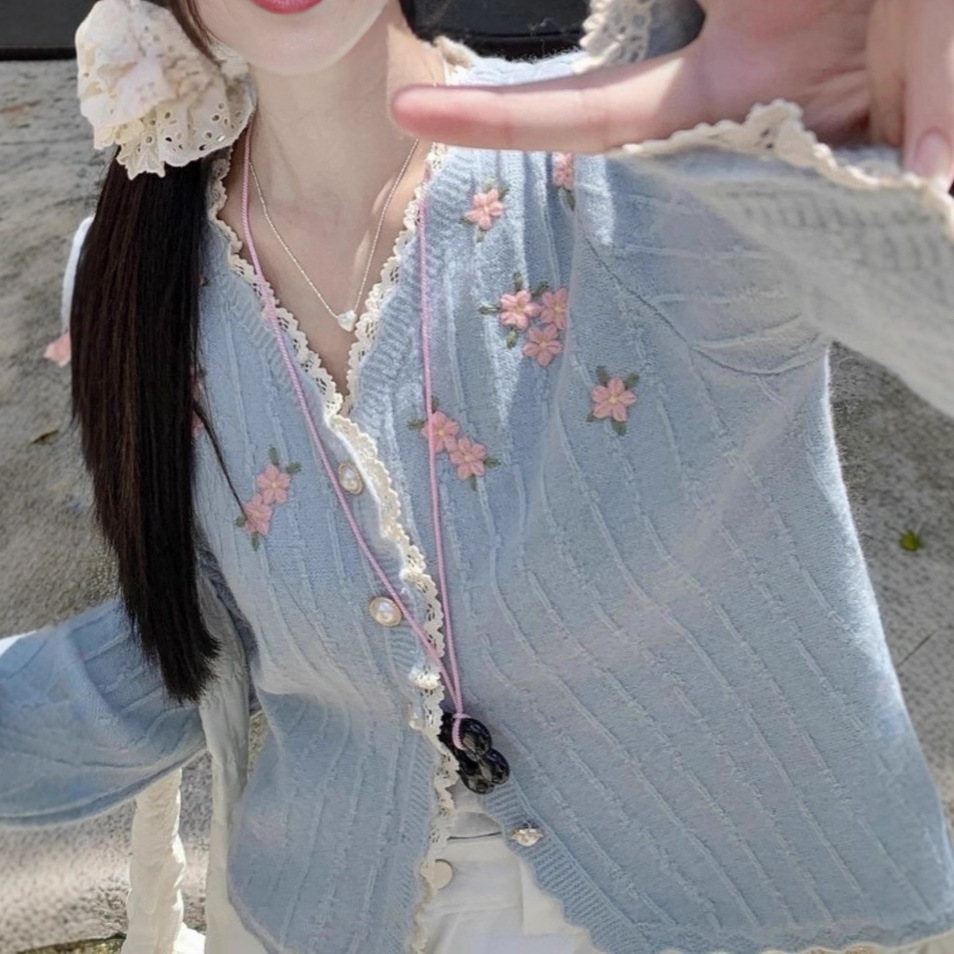 Embroidered Floral Lace-Trim Knit Cardigan