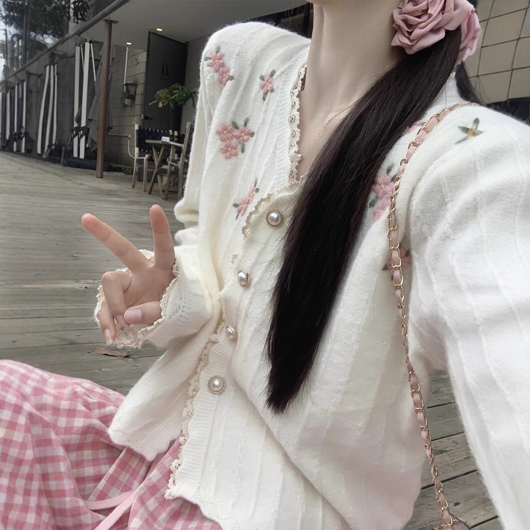 Embroidered Floral Lace-Trim Knit Cardigan