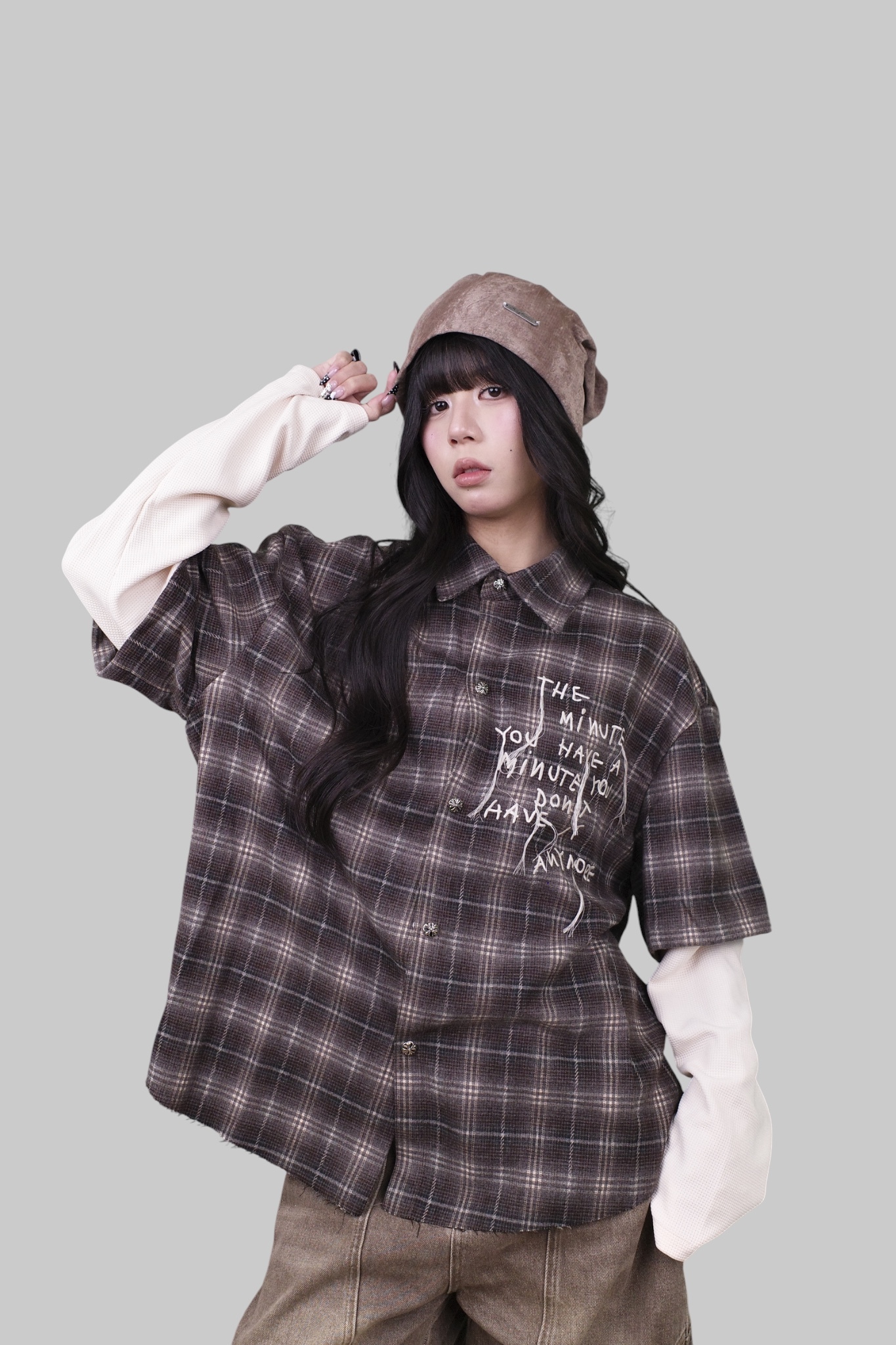 『Always_Good』格紋 刺繡 假兩件 長袖 襯衫