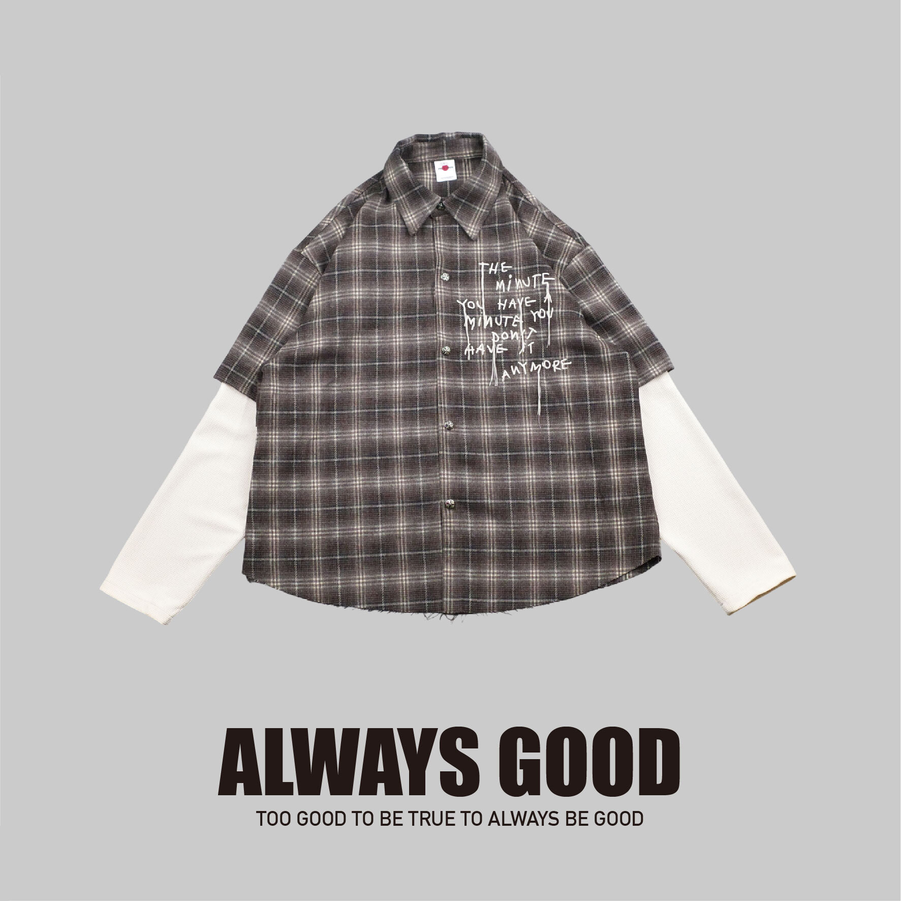 『Always_Good』格紋 刺繡 假兩件 長袖 襯衫