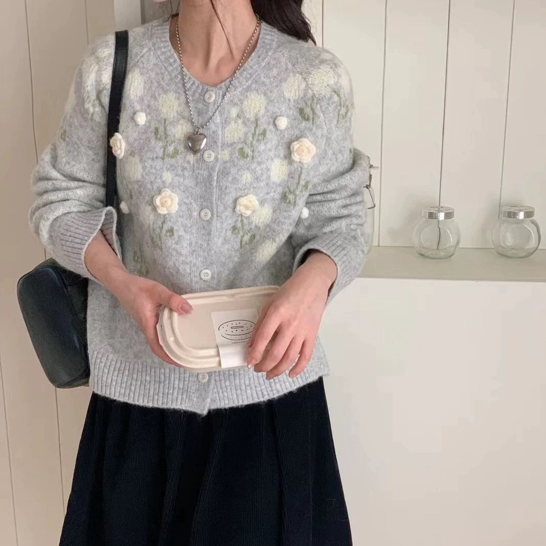 Korean Floral Sweet Knit Cardigan