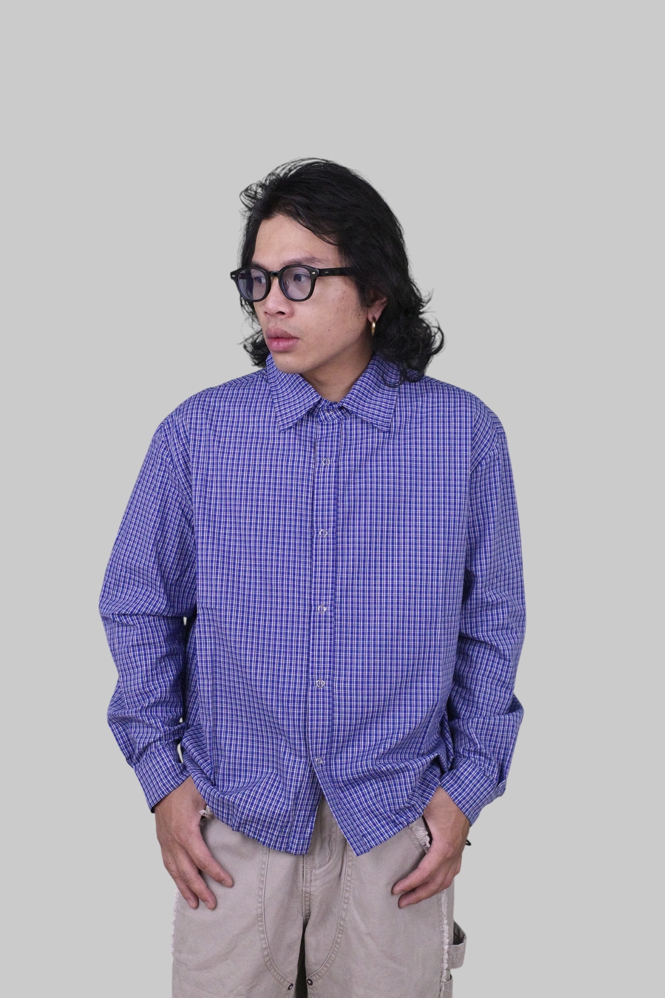 『Always_Good』細格紋 收腰 短版 長袖襯衫