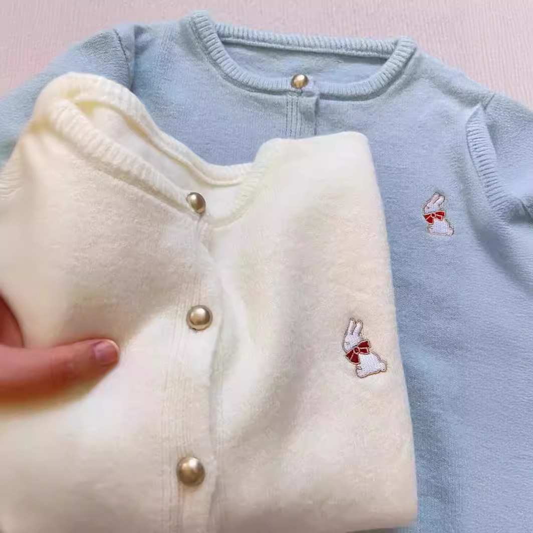 Rabbit Embroidery Soft Knit Long-Sleeve Cardigan
