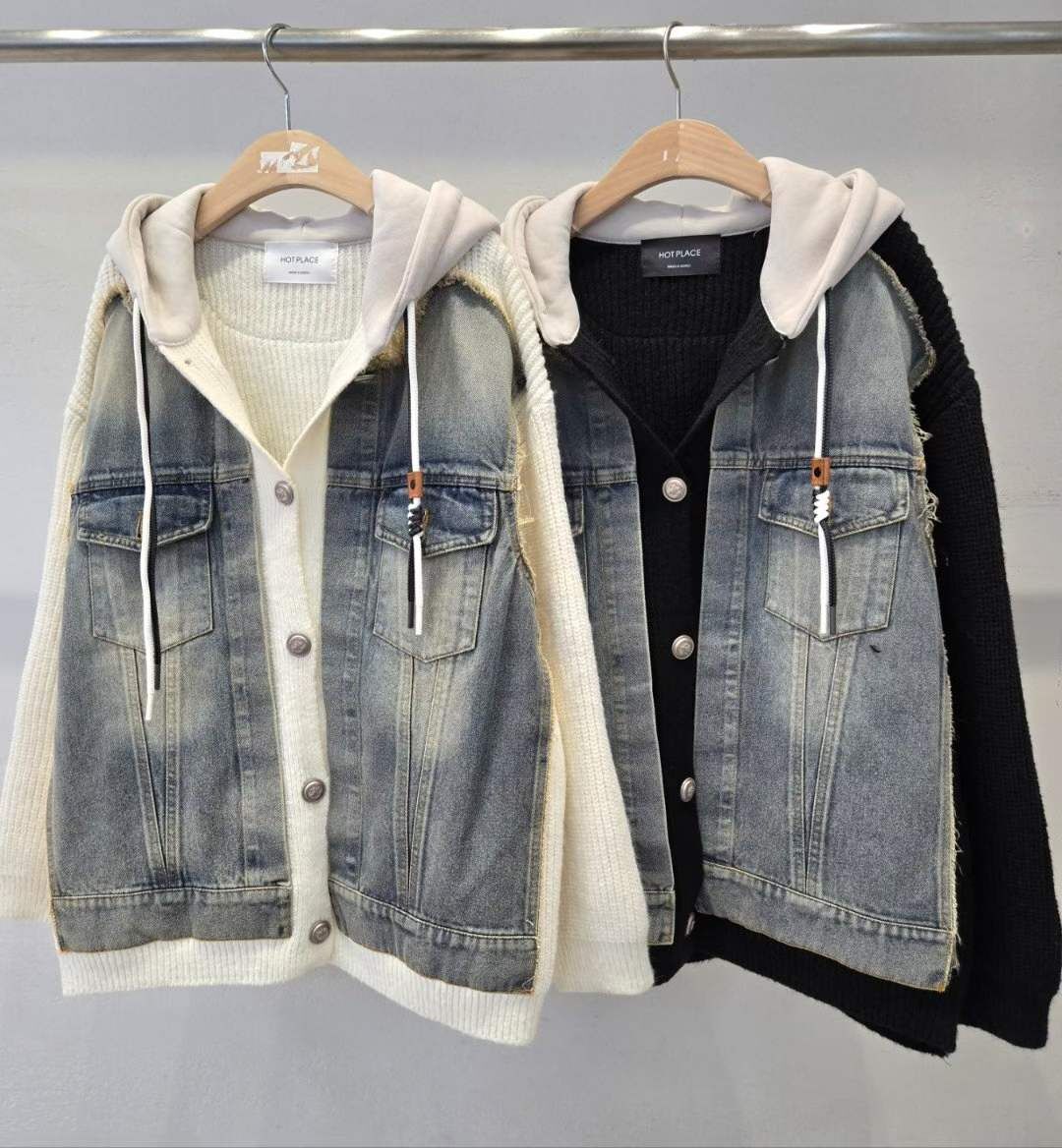 HP5133 連帽牛仔拼接針織外套