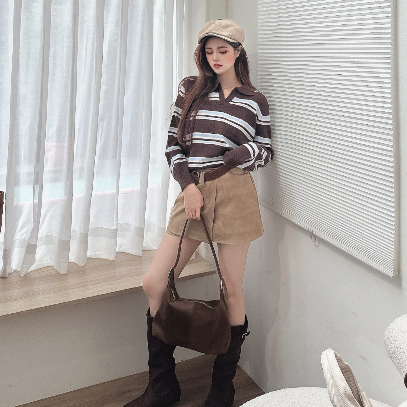 MIU學院風翻領針織毛衣/單色