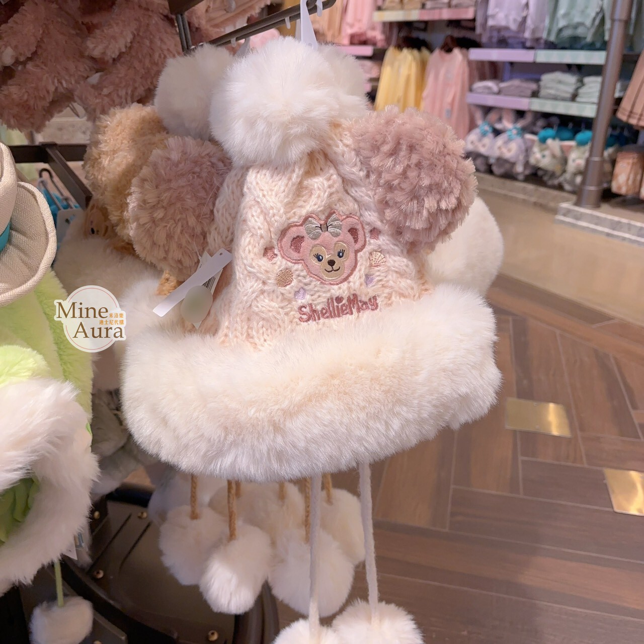 雪莉玫 ShellieMay 絨毛 立體耳朵 毛球綁帶 造型 保暖 毛帽 -上海迪士尼樂園