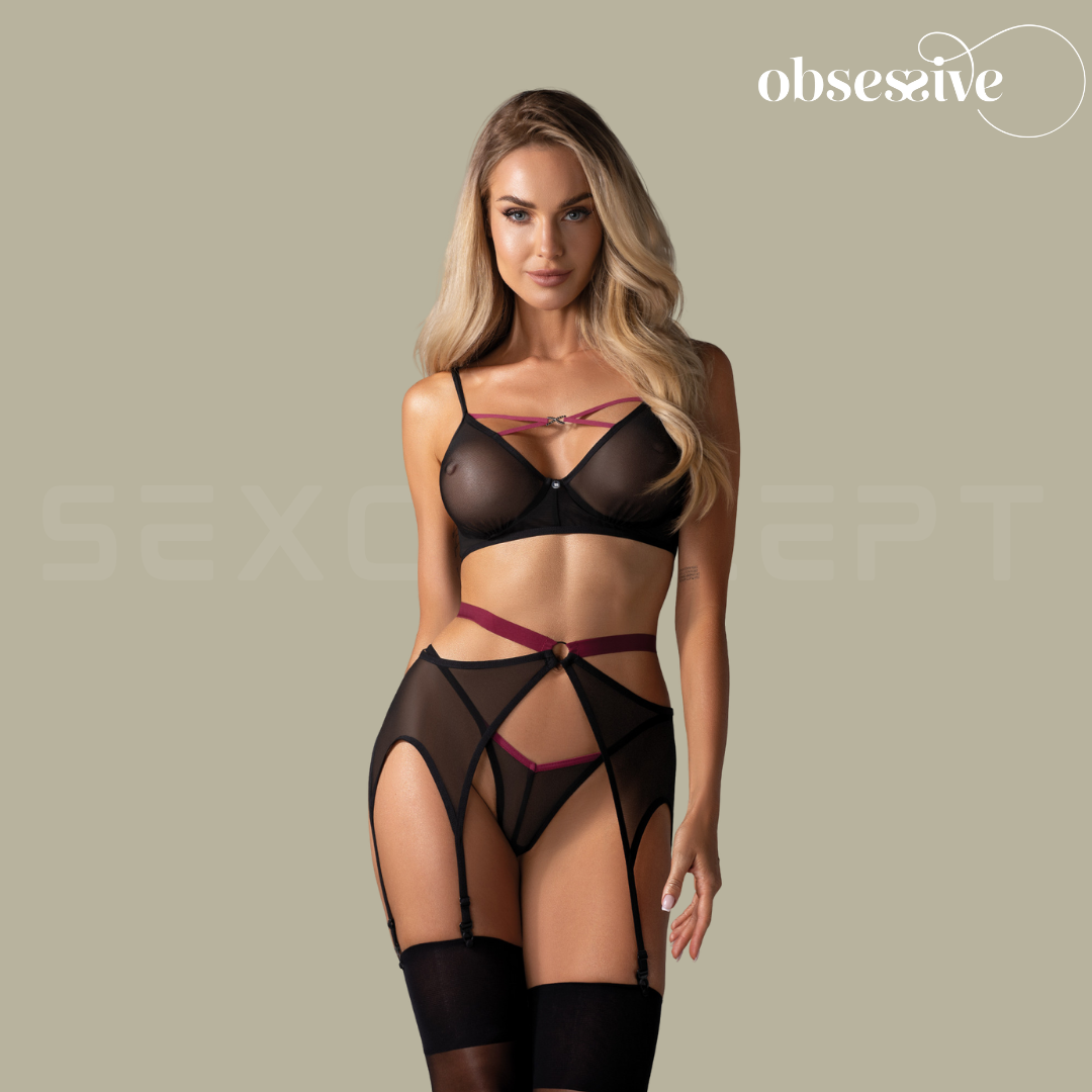 Obsessive - Novenes 雙色束帶透視3件情趣內衣套裝 (XS/S/M/L/XL/XXL)