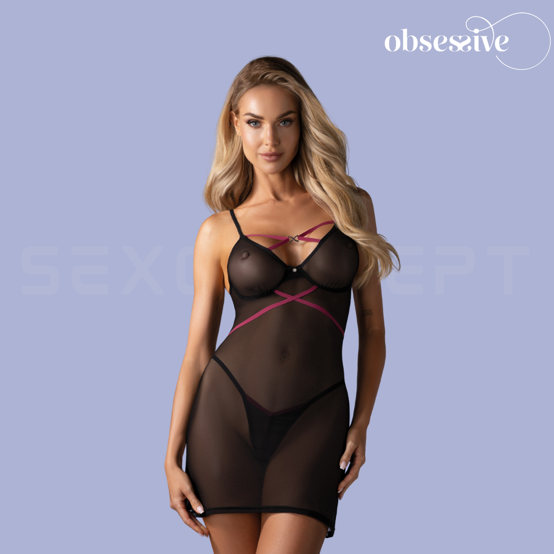 Obsessive - Novenes 雙色束帶透視情趣睡裙套裝 (XS/S/M/L/XL/XXL)