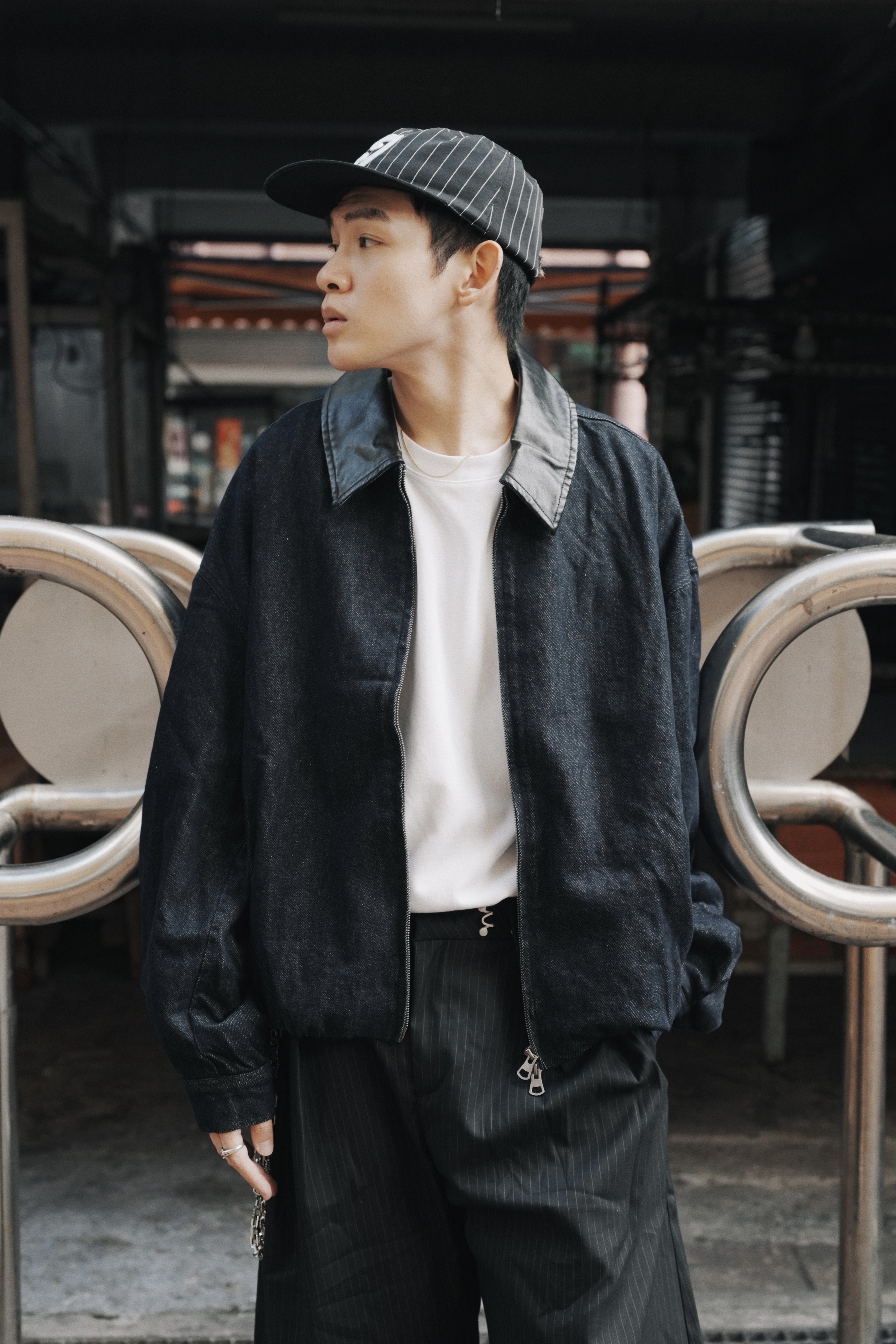 XIN SELECT 牛仔 拼接 皮革 雙拉鍊 翻領 長袖 外套 藍 CW1238