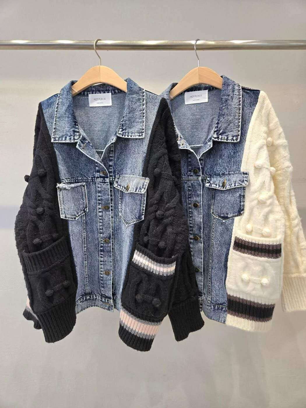 HP5142 拼接麻花針織牛仔外套