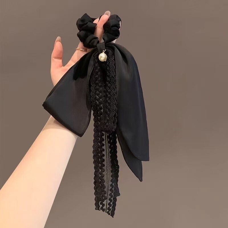 Z365珍珠蕾絲蝴蝶結大腸髮圈