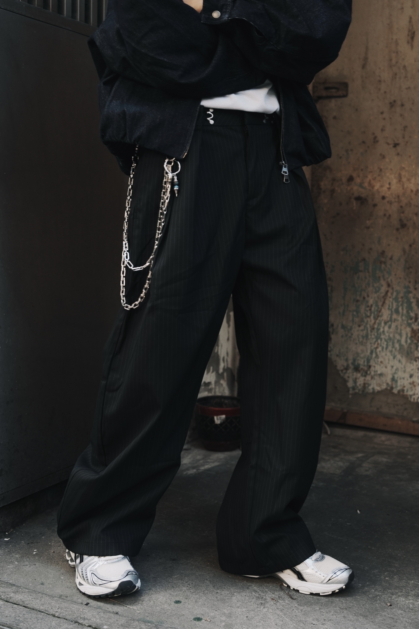 XIN SELECT 條紋 雙褶 長褲 闊腿 彎刀褲 黑色 CK6857