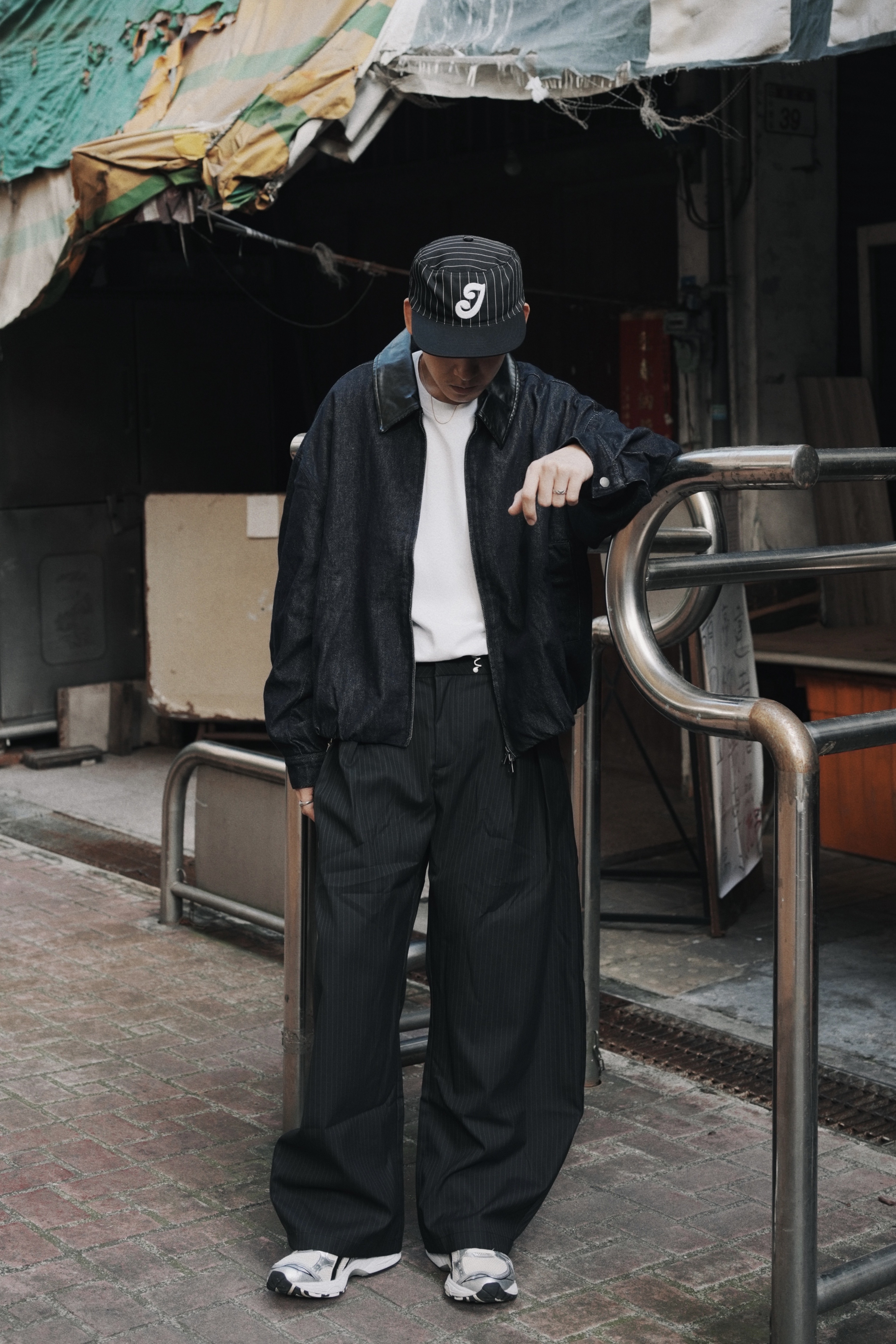 XIN SELECT 條紋 雙褶 長褲 闊腿 彎刀褲 黑色 CK6857