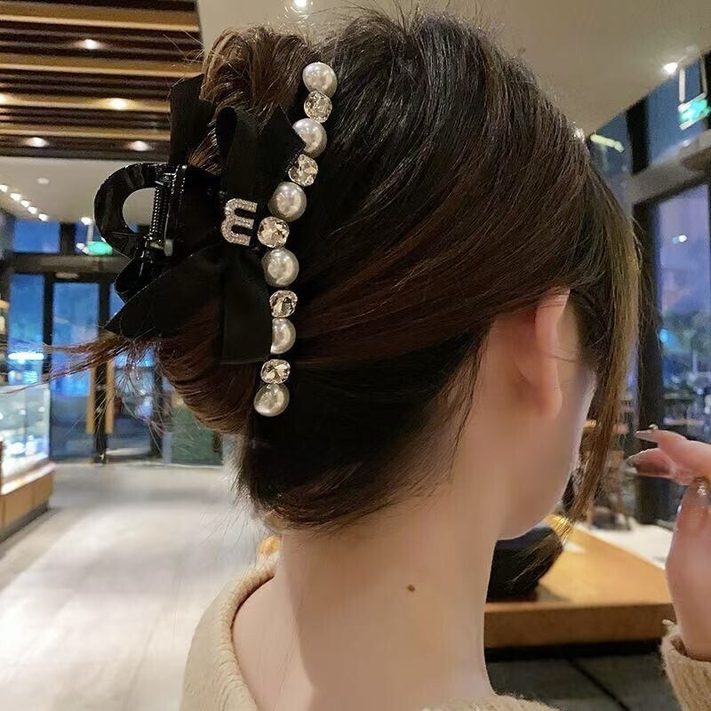 Z374珍珠水鑽字母蝴蝶結鯊魚夾