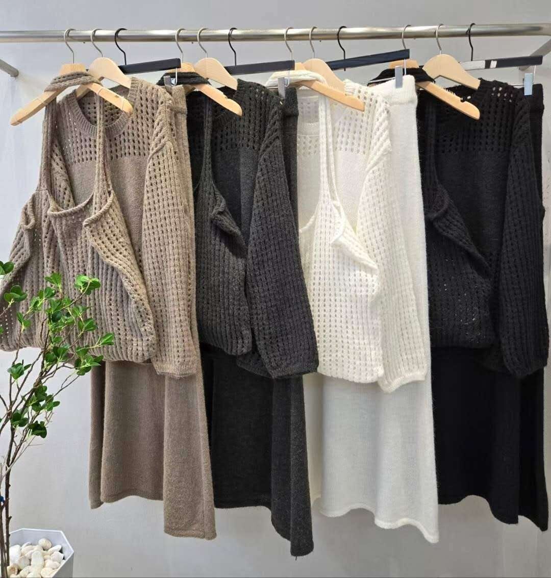 HP5145 圓領鏤空針織衫+長裙+鏤空單肩包