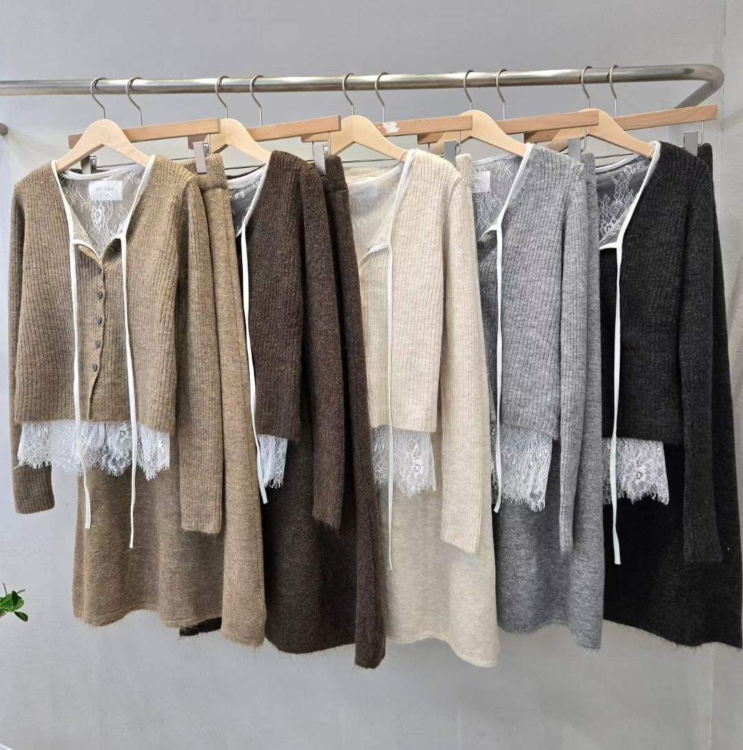 HP5146 蕾內里坑紋針織上衣+半裙套裝