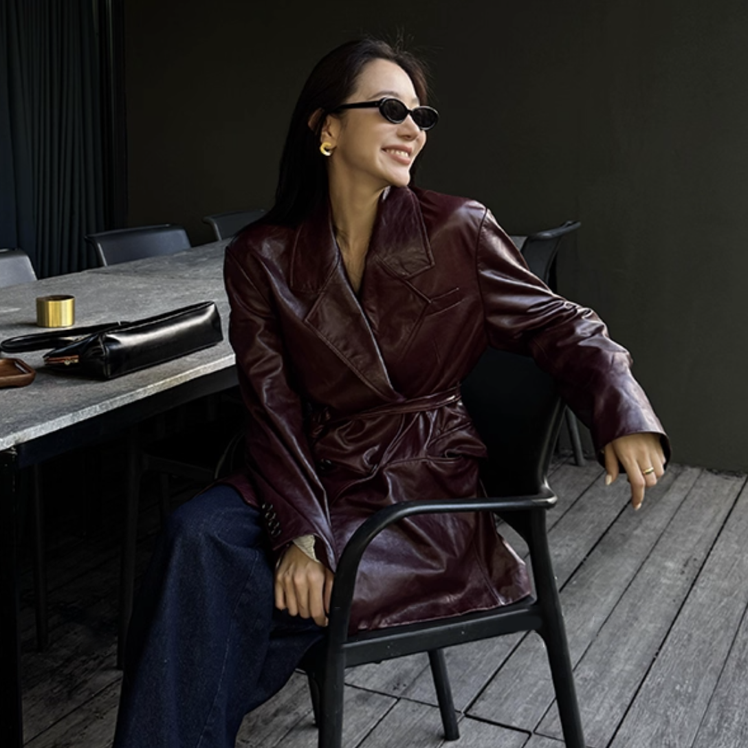 深酒紅綁帶造型油蠟真皮皮衣外套-S-L (Elegant & Love)